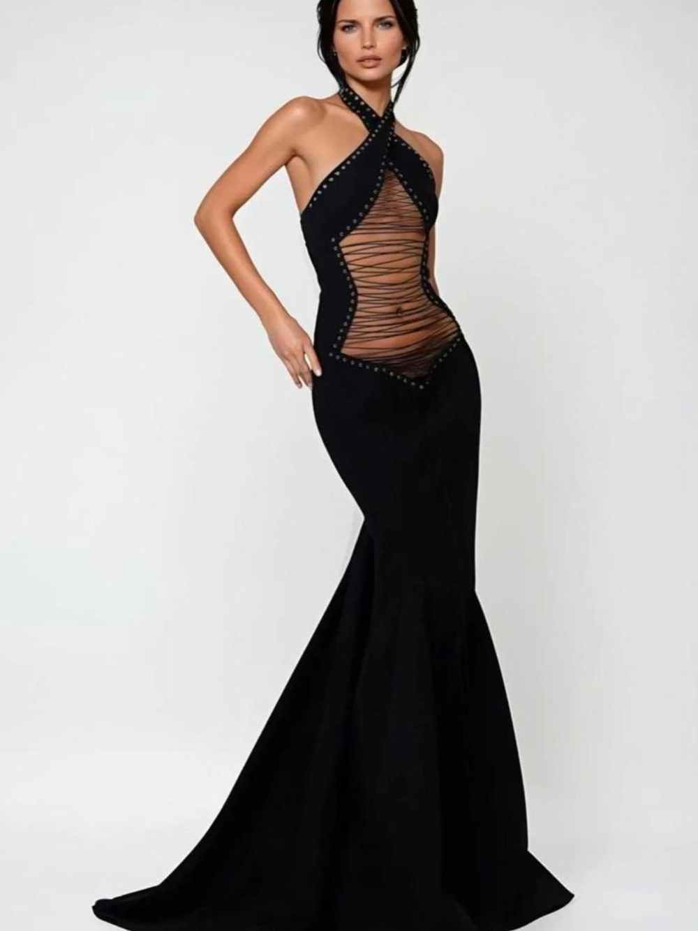 Black Halter Maxi Mermaid Dress with Sheer Ruched Panel